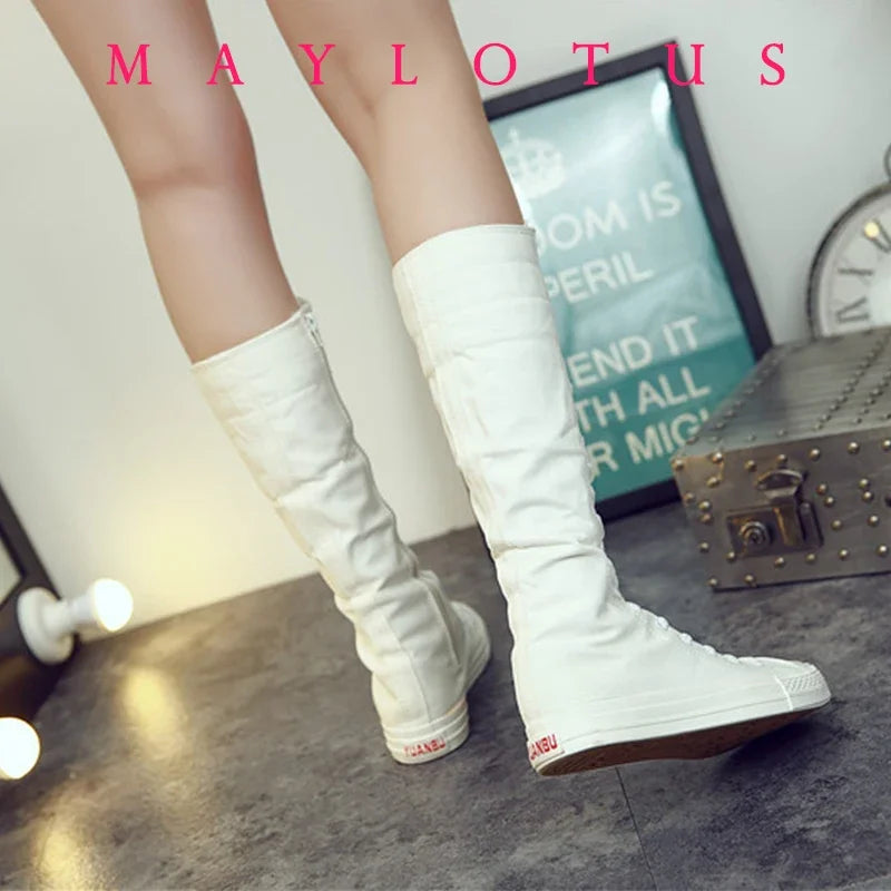 New Fashion Women's Canvas Boots Lace Zipper Knee High Boot Flat Shoes Casual High Help Punk Shoes Girls