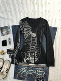 Spring American Retro Skull Printed Long Sleeve Tshirts Women V Neck Slim Fit Waist Base Tops Punk Dark Y2k Gothic Fashion Tees
