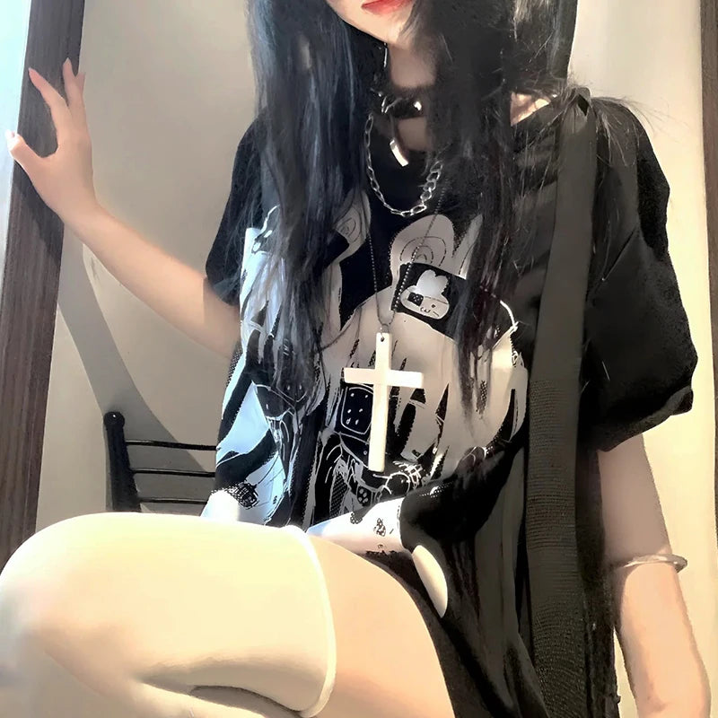 Y2k women clothing arcane Short Sleeve Black Tops Cool Cute Subculture Round Neck T Shirt 2000s Harajuku Punk Japanese Tees tops